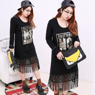 Fringe Hem Sequined Long-sleeve T-shirt Dress