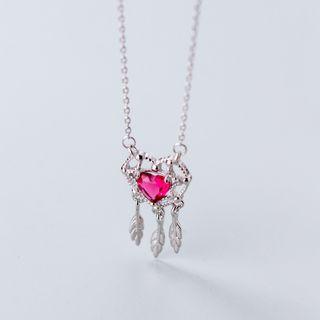 925 Sterling Silver Rhinestone Heart Dream Catcher Pendant Necklace S925 Silver - Set - One Size