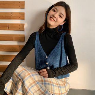 Long-sleeve Mock-neck Top / Buttoned Vest