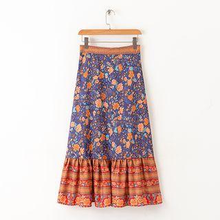 Floral Print Panel Midi A-line Skirt