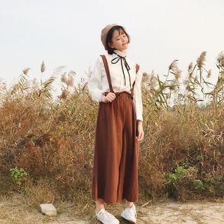Frilled Neck Long-sleeve Shirt / Wide Leg Suspender Pants