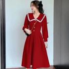 Long-sleeve Collared Midi A-line Corduroy Dress
