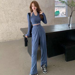 Mock Two Piece Knit Cargo Top / High Waist Wide Leg Pants