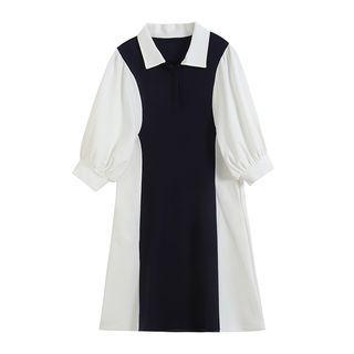 Long-sleeve Collar Two-tone A-line Dress