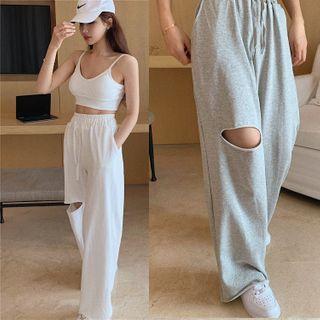 Plain Cropped Camisole Top / Distressed Loose-fit Sweatpants