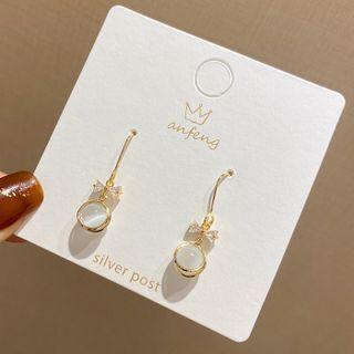 Bow Rhinestone Cat Eye Stone Dangle Earring 1 Pair - E4303 - 925 Silver - Gold - One Size