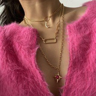 Set Of 3: Crescent Choker + Chain Necklace 2804 - Set Of 3 - Gold - One Size