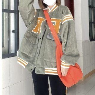 Letter Embroidered Baseball Jacket Green - One Size