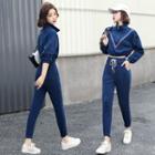 Set: Striped Half-zip Cropped Pullover + Cropped Harem Pants