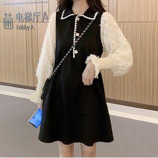 Collared Lantern-sleeve Mini A-line Dress Black - One Size