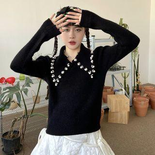 Collared Faux Pearl Knit Top Black - One Size