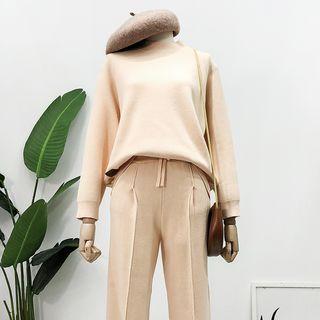 Set: Mock-neck Knit Sweater + Wide-leg Pants Almond - One Size