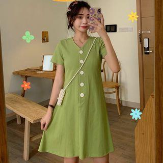 Buttoned Short-sleeve A-line Mini Dress