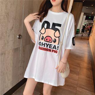 Elbow-sleeve Pig Print Mini T-shirt Dress
