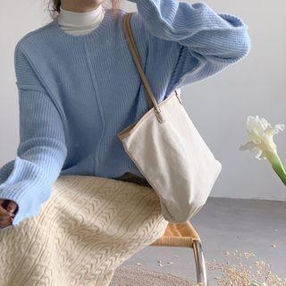 Long-sleeve Plain Knit Top Sweater - One Size