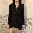 Long-sleeve Buttoned Mini A-line Dress Black - One Size