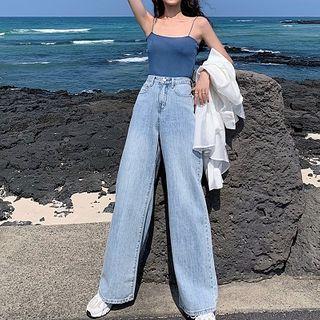 Plain Strap Top / Plain Long-sleeve Blouse / High-waist Wide-leg Pants