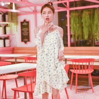 Printed Cold Shoulder 3/4-sleeve A-line Dress