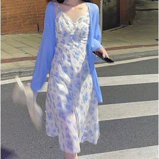 Floral Printed V-neck Strappy Midi Dress / Long-sleeve Plain Cardigan