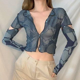 Long-sleeve Button-up Sheer Crop Top