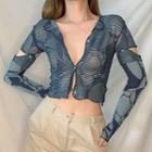 Long-sleeve Button-up Sheer Crop Top