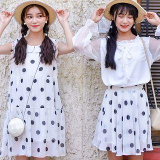 Dotted Collared Sleeveless Dress / Pleated Skirt