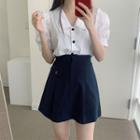 Puff-sleeve Plain Blouse / High-waist Plain A-line Skirt