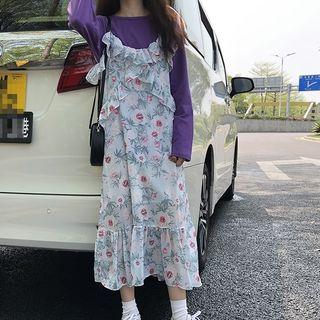 Crew-neck Long-sleeve T-shirt / Flower Print Spaghetti Strap Midi Dress