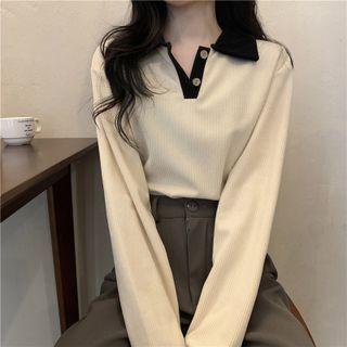 Lapel Contrast Trim Corduroy Long-sleeve Knit Top