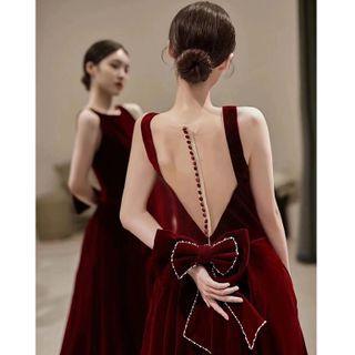 Spaghetti-strap Open-back Ribbon A-line Evening Gown