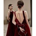 Spaghetti-strap Open-back Ribbon A-line Evening Gown