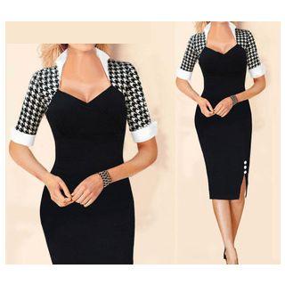 Houndstooth Panel Short-sleeve Sheath Dress