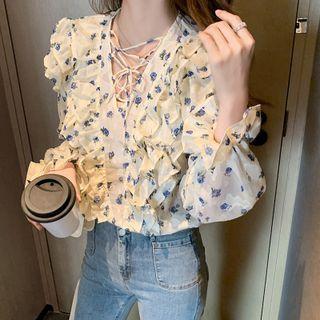 Ruffle Trim Lace-up Floral Blouse