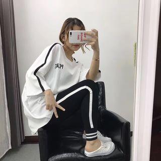Set: Contrast Trim Elbow-sleeve T-shirt + Sweatpants
