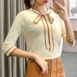 3/4-sleeve Tie-neck Knit Top