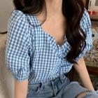 Cropped Plaid Lantern Sleeve Top As Shown In Figure - One Size