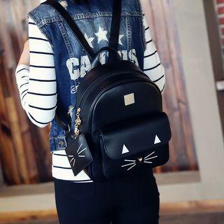Faux-leather Cat Printed Backpack With Coin Purse