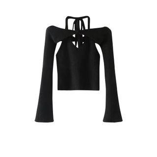 Set: Long-sleeve Shrug + Halter Top Set Of 2 - Shrug & Top - Black - One Size