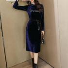 Velvet Side Slit Long-sleeve Sheath Dress