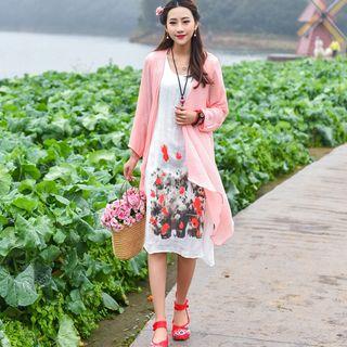 Long-sleeve Mock Two Piece Printed Midi Dress