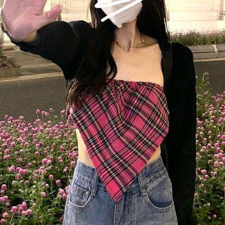 Plaid Cropped Tube Top / Plain Shrug