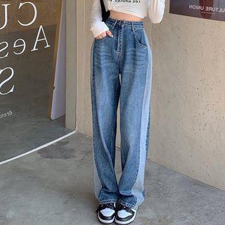 High Waist Color Panel Wide Leg Jeans