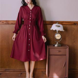 Long-sleeve Button-front Midi A-line Dress