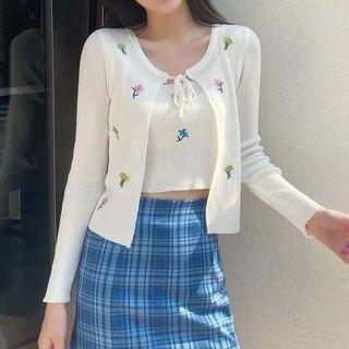 Set: Floral Embroidered Light Cardigan + Cropped Camisole Top