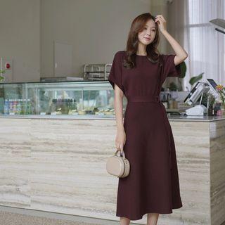 Dolman-sleeve Long Knit Dress With Belt