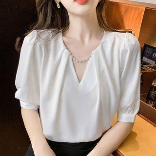 Puff-sleeve Faux Pearl Panel Plain Chiffon Blouse