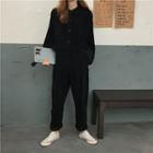 Long-sleeve Buttoned Jumpsuit Black - One Size