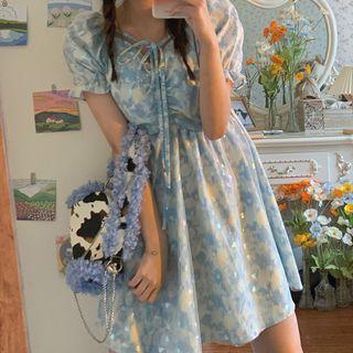 Puff-sleeve Tie-dye Drawstring Mini A-line Dress Blue - One Size