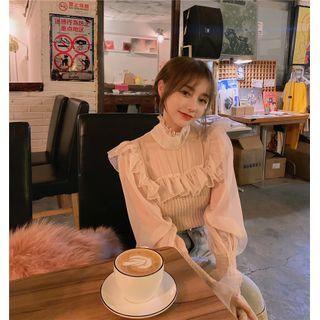 Ruffle Trim Mesh Knit Panel Blouse Almond - One Size