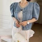 Puff-sleeve Beaded Denim Jacket Blue - One Size